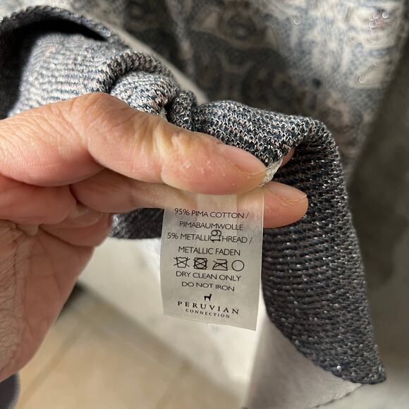 Peruvian Connection Blue Ivory Knit Dress Artisan Boho Print 3/4 Sleeve Medium - Picture 7 of 7